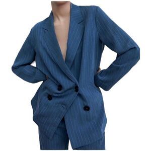 ZARA Blazer WMNS M Blue Pinstripe Double-breasted‎ Oversized Jacket Lapel Collar